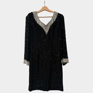 Vintage Black Silk Beaded Sequin Dress Pearl Neckline Evening Cocktail